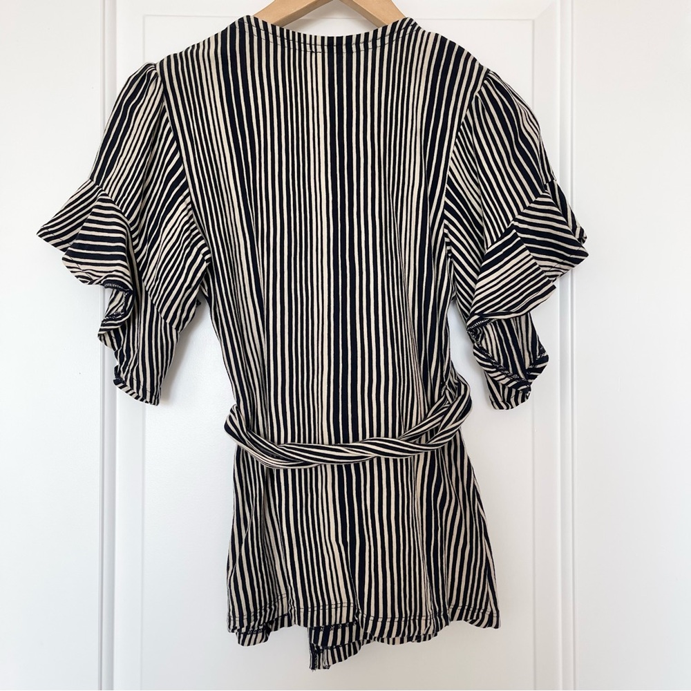 Free People Wrapped Around My Finger Wrap Blouse, Black Beige Striped , XS - Picture 8 of 10
